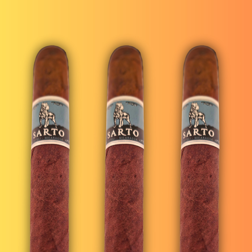 Box of Warped Sarto cigars with gold-accented branding and neatly packed premium cigars.