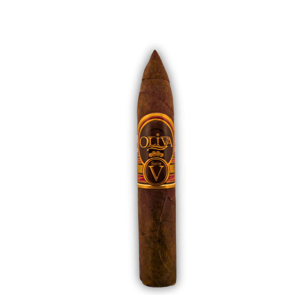 Oliva Serie V torpedo cigar close-up view available at Tinderbox online cigar store - premium handmade cigar with signature gold band