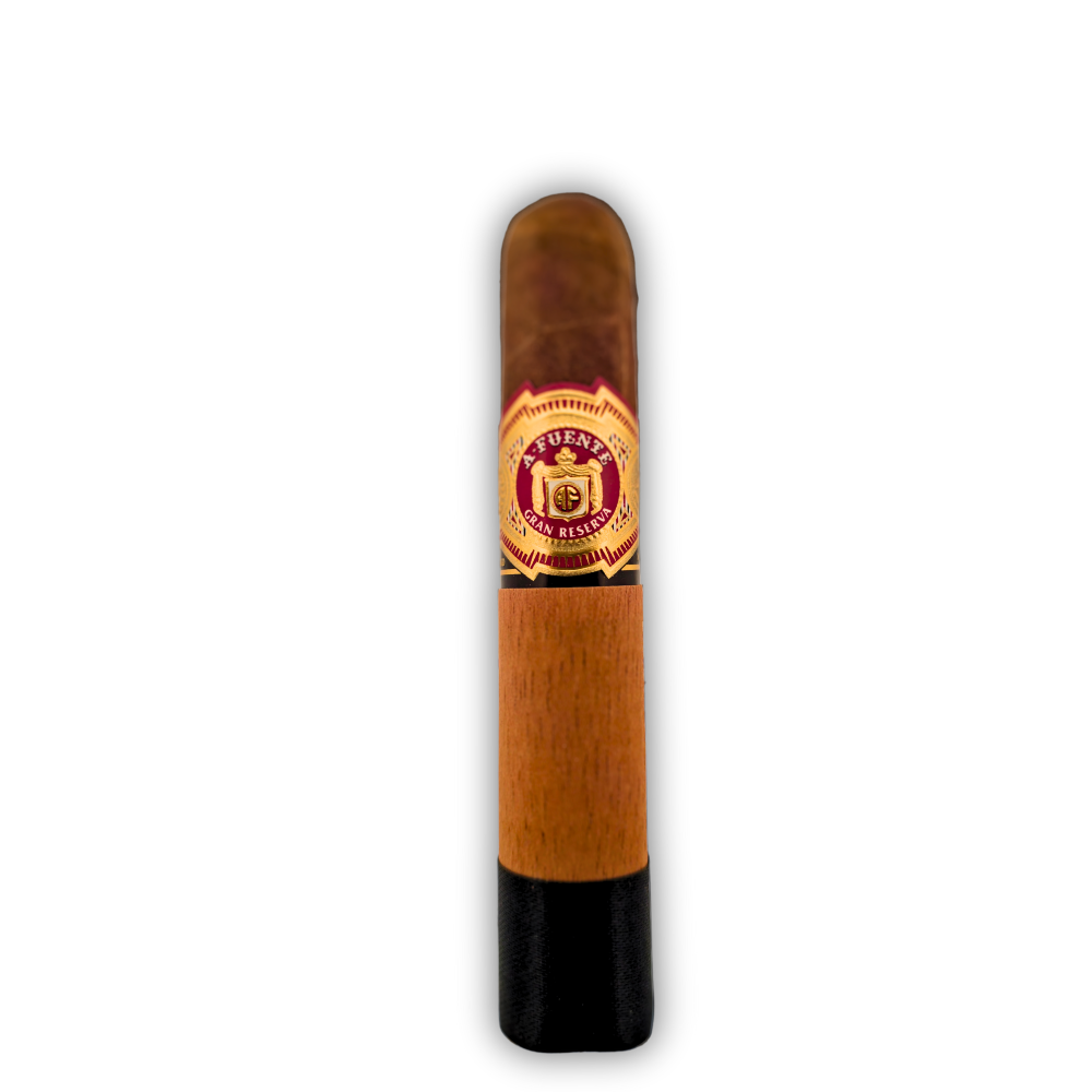 Arturo Fuente Chateau Fuente robusto sungrown cigar with a light brown wrapper, a wooden sleeve, and a black ribbon