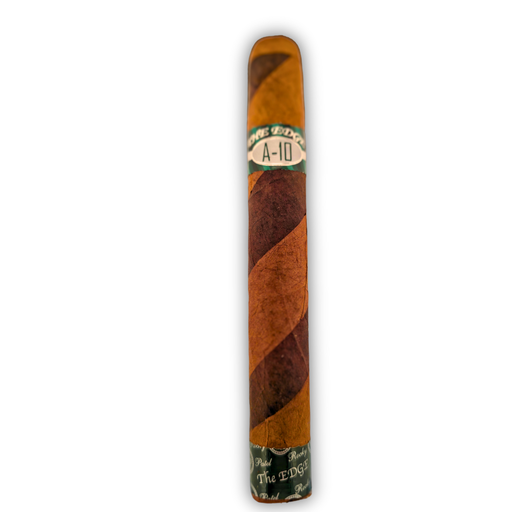 Rocky Patel The Edge A-10 10th Anniversary cigar with distinctive barber pole wrapper combining Honduran Corojo and Costa Rican Maduro tobaccos in spiral pattern, featuring green and white A-10 band