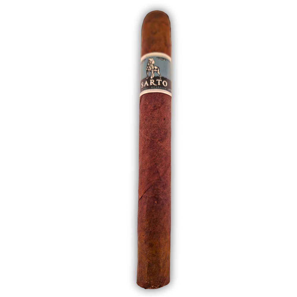 Warped Sarto cigar resting on wooden box lid, highlighting the natural wrapper and fine roll.