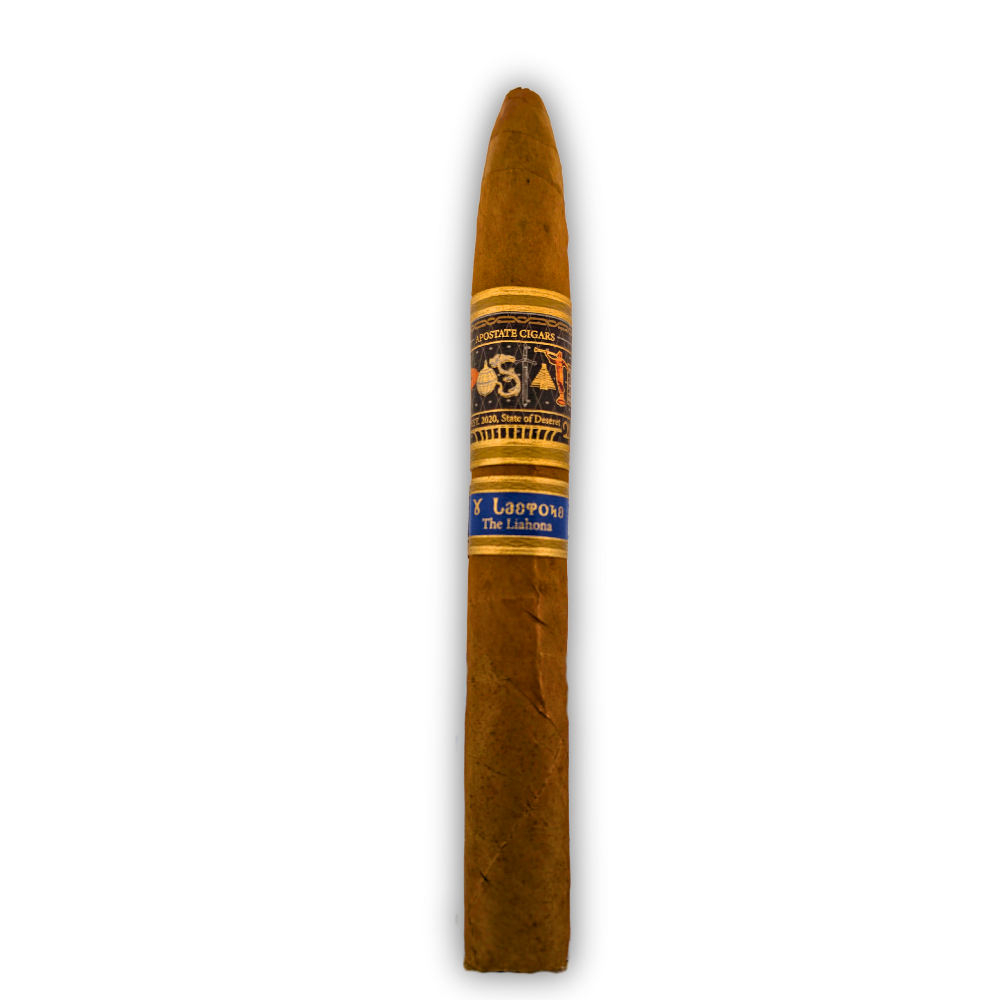 Side view of The Liahona cigars in an open box with dark wood interior and gold accents.