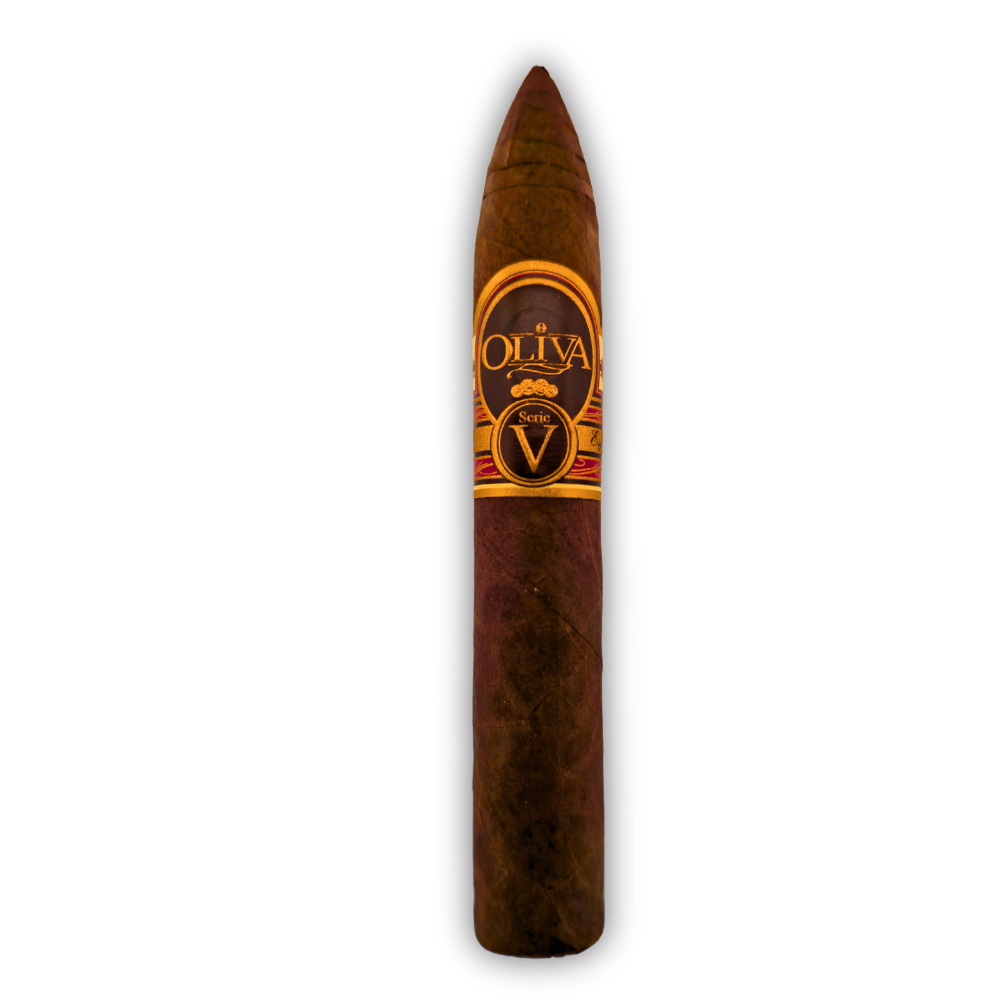 Oliva Serie V torpedo cigar full length view at Tinderbox - premium Nicaraguan cigar with gold Serie V band and torpedo vitola