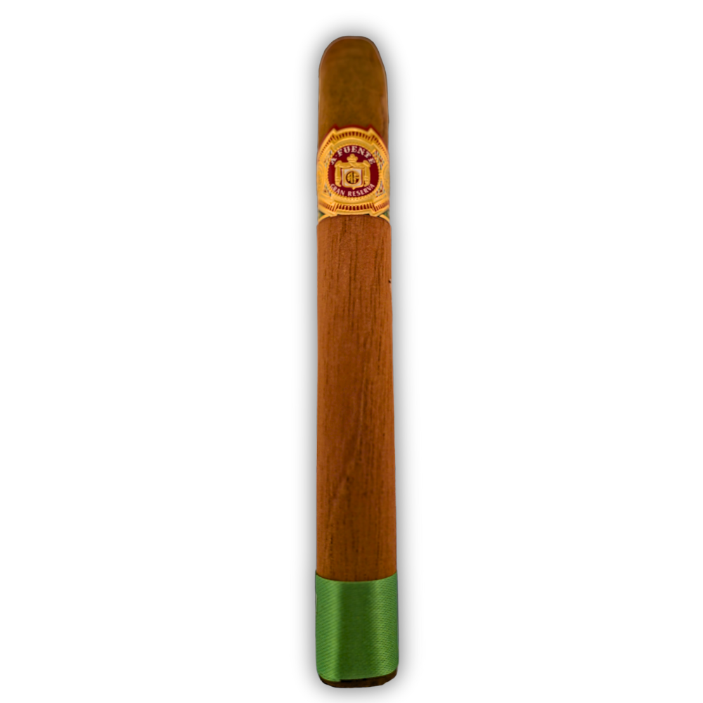 Arturo Fuente Chateau Fuente Double Natural cigar with a light brown wrapper, a wooden sleeve, and a green ribbon.