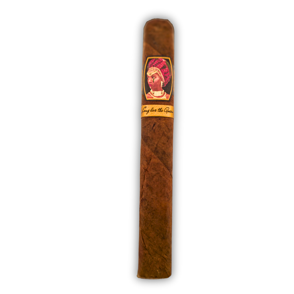 Caldwell Long Live the Queen Maduro Boxpress Toro cigar with dark Mexican San Andrés wrapper featuring colorful band artwork depicting a woman in traditional dress with 'Long Live the Queen' text