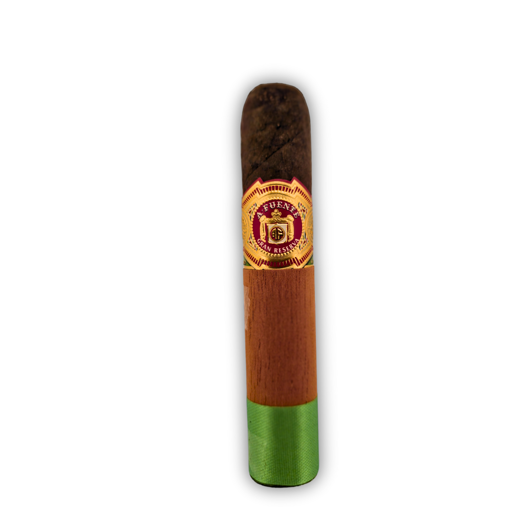 Arturo Fuente Chateau Fuente robusto maduro cigar with a dark brown wrapper, a wooden sleeve, and a green ribbon.