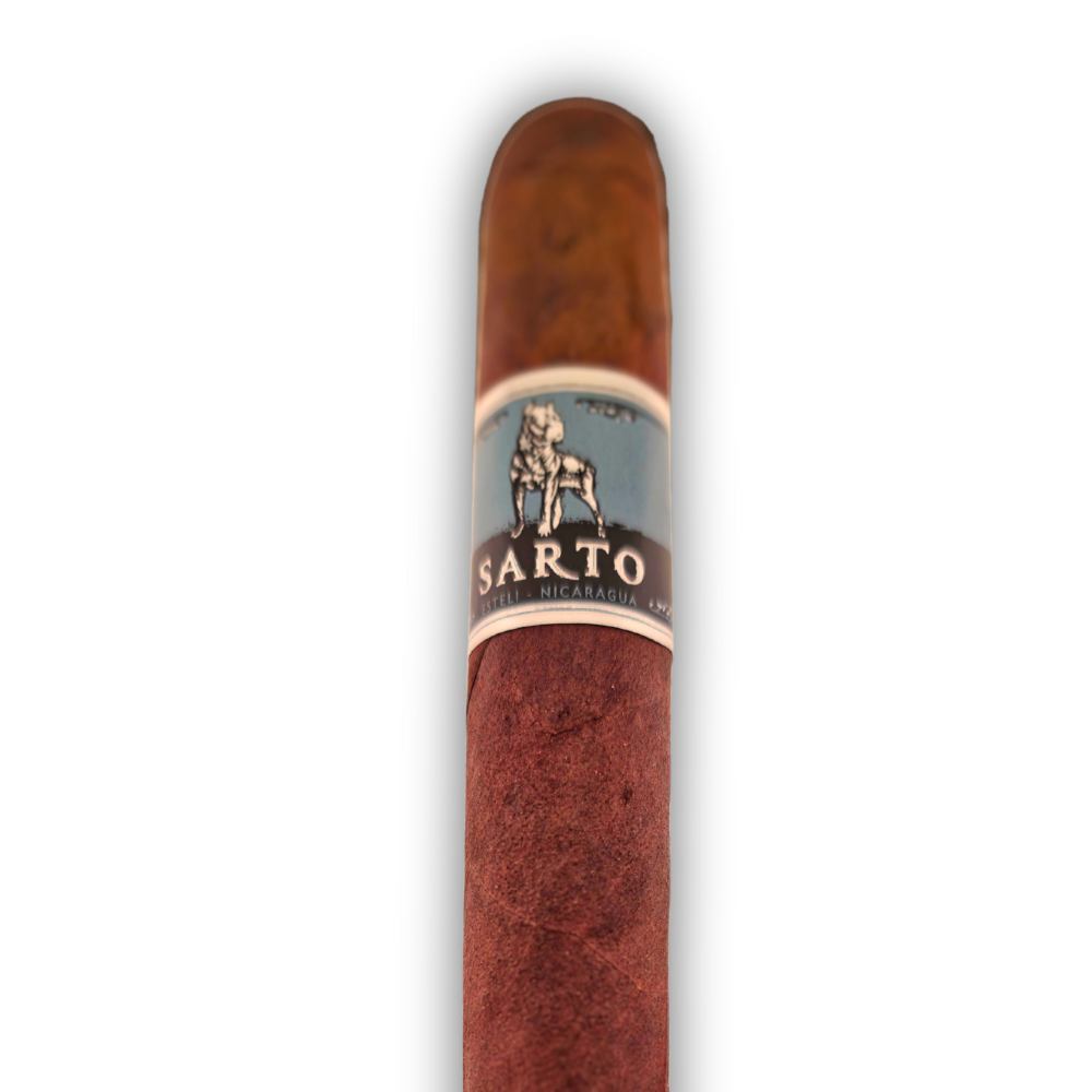 Close-up of Warped Sarto cigar displaying brown wrapper and detailed Sarto band.
