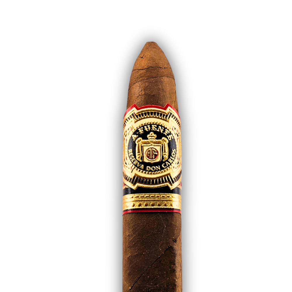 Cigar with a gold band featuring Arturo Fuente logo on a white background