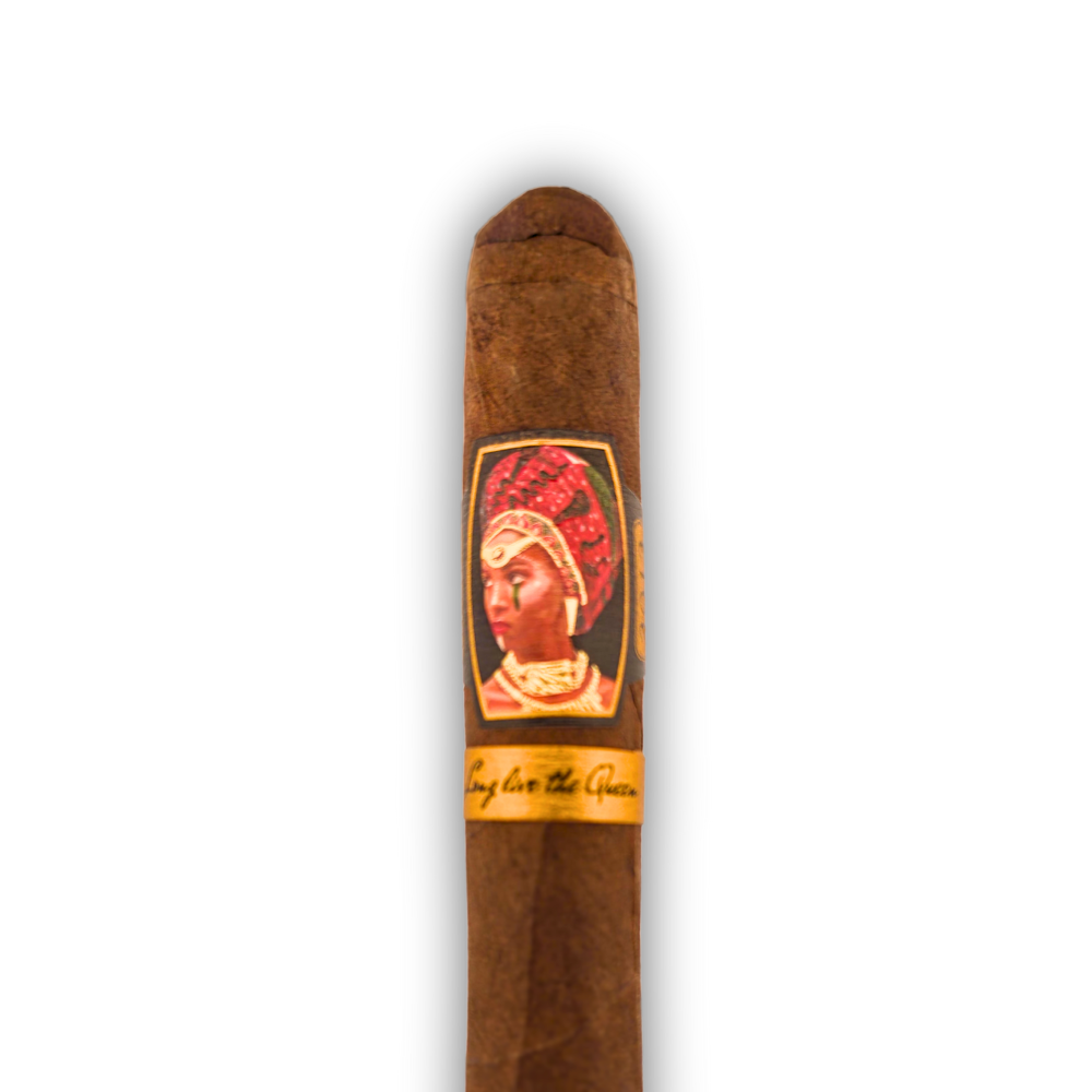 Caldwell Long Live The Queen Maduro robusto cigar close-up at Tinderbox - dark wrapper tobacco with ornate queen portrait band and gold accents