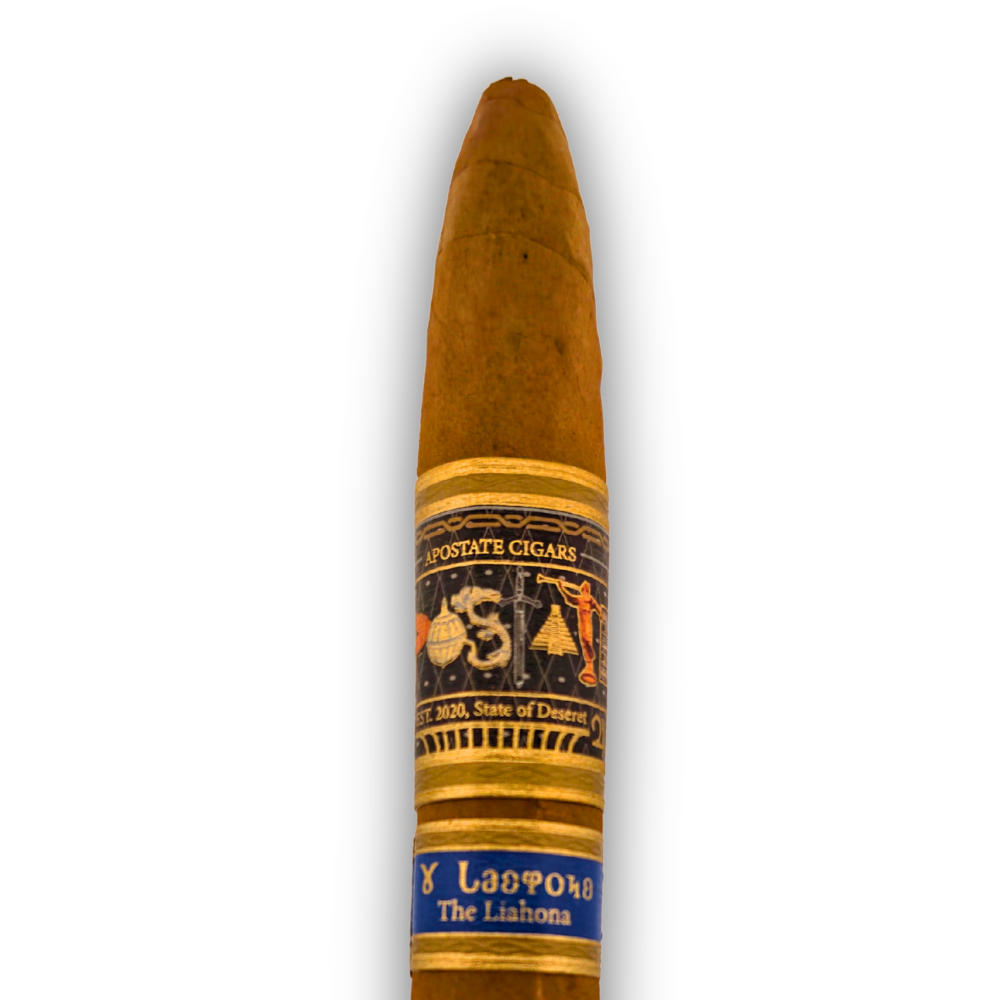 Close-up of The Liahona cigar showing detailed band design and rich Ecuadorian wrapper texture.