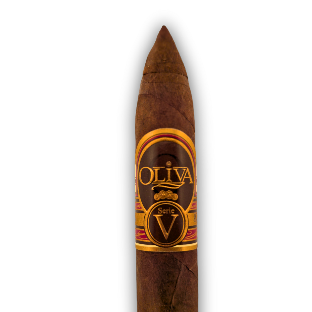 Oliva Serie V torpedo cigar detailed product shot from Tinderbox - luxury cigar with distinctive Serie V branding and torpedo vitola shape