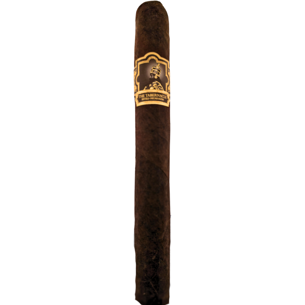 Side angle view of Foundation Tabernacle cigar laid on marketing background with detailed text overlay.