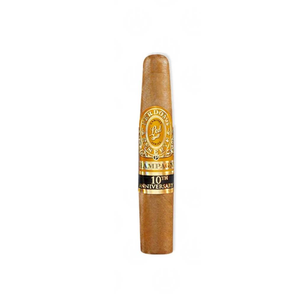 Single Perdomo 10th Anniversary Champagne Figurado cigar with Cuban-seed Nicaraguan blend, featuring distinctive golden wrapper and premium anniversary branding